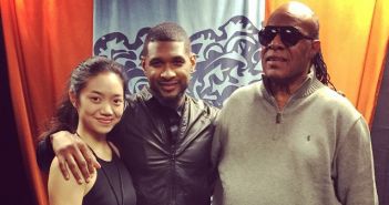 Q and A with Melody Tai Melody Tai (left) got the gig of a lifetime performing with Usher (center) and Stevie Wonder at the 57th Grammys. (photo: Facebook.)
