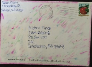 Letter from Diana Dunnavant while attending the Salzedo Harp Colony in Camden Maine to Kristina Finch, attending the Interlochen Arts Camp in Michigan